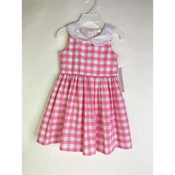 Tahari Girl Pink White Gingham Print Fit Flare Dress Collared Girls Size 3T - Picture 1 of 8
